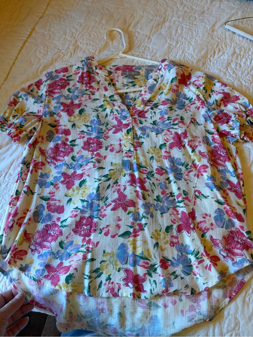 Falls Creek White Floral V-Neck Blouse with Pink, Blue & Yellow Flowers
